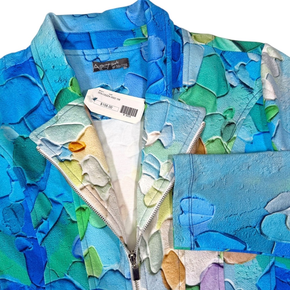Simply Dolcezza S Blue Green Floral Art Zip Jacket Impasto Print Art to Wear